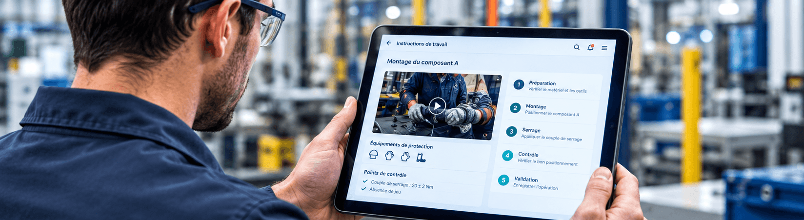 Opérateur consultant une instruction de travail numérique sur une tablette, au poste, avec photo du geste et étapes numérotées