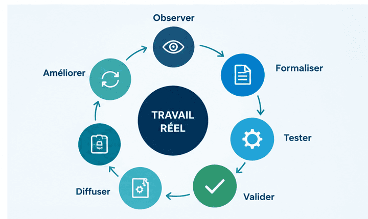 Cycle de vie d’une instruction de travail autour du travail réel : observer, formaliser, tester, valider, diffuser, améliorer