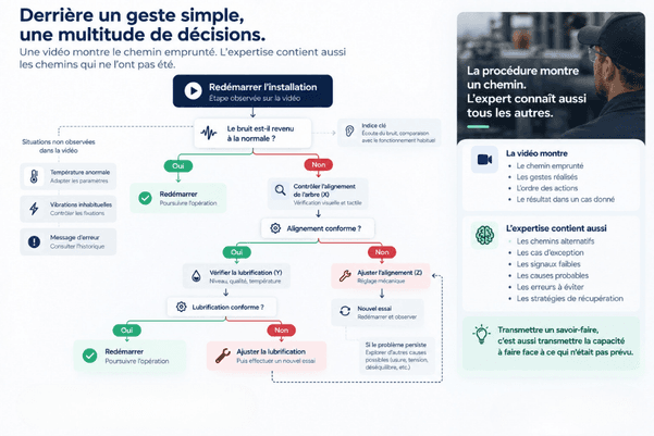 Arbre d’exceptions autour de « redémarrer l’installation » : la vidéo montre un chemin, le savoir tacite de l’expert contient les autres