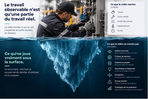 Iceberg du savoir tacite : un expert au poste, gestes visibles au-dessus de l’eau, indices sensoriels et critères de décision sous la surface
