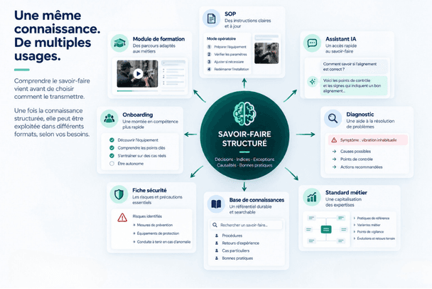 Savoir-faire structuré décliné en SOP, formation, onboarding, fiche sécurité, assistant IA, diagnostic, standard métier et base de connaissances