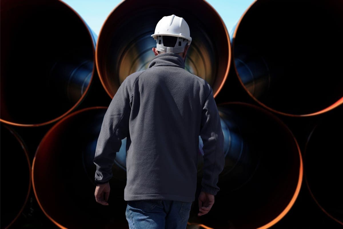 Helmeted operator inspecting industrial tubes