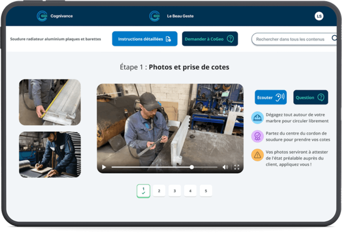 Instruction de travail au poste, étape par étape, sur tablette