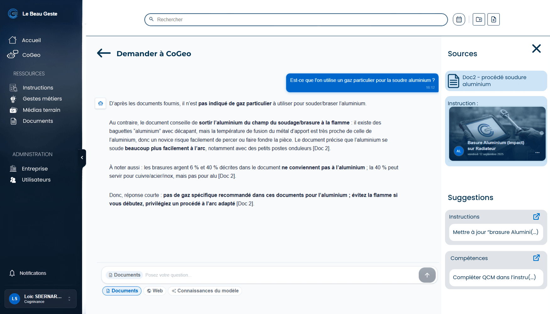 Interface CoGeo : question terrain, sources documentaires et suggestions de mise à jour