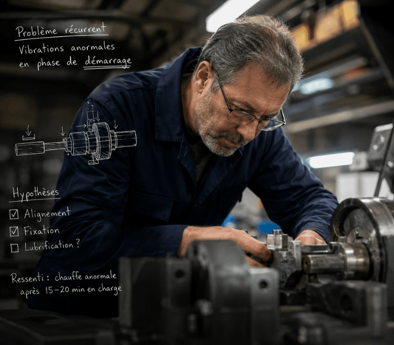 Schéma annoté : vibrations anormales, hypothèses d'alignement et de fixation sur une machine industrielle